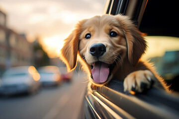 Wall Mural - Adorable cute fluffy dog looking from car window riding fast enjoying summer vacation trip generated AI photo