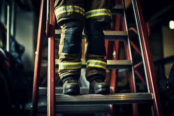 Canvas Print - Image generative AI photo of a male worker professional fireman in uniform and boots