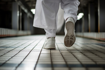 Wall Mural - Close up generative AI image of a man in a lab coat and footwear walking down a hallway