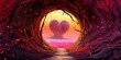 Vortex, portal to love realm. Tree and branches are forming a tunnel leading to a heart. Warm, beautiful emotion in glowing pink. Togetherness, tenderness, friendship, eternity, fidelity, energy.