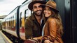 Young couple in love ready to travel by train.
