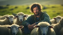 Portrait Of A Smiling Young Shepherd Man, Herding A Flock Of Sheep.