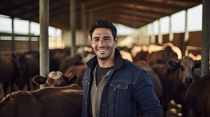 Wall Mural - Portrait, young cattle farmer looks smiling inside the farm.