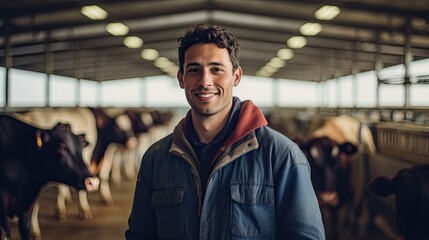 Sticker - Portrait, young cattle farmer looks smiling inside the farm.