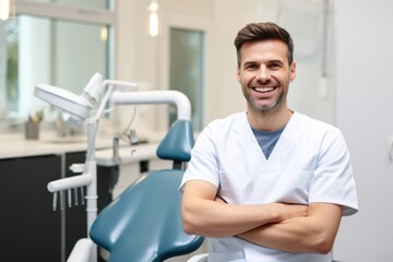 Wall Mural - Male portrait of smiling dentist doctor on background of dental office.