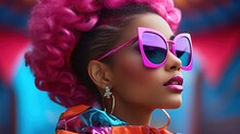 Attractive woman with glasses wearing a colorful outfit reflecting 80s fashion