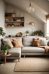 Corner sofa against shelving unit, scandinavian home interior design of modern living room in attic in farmhouse. Image created using artificial intelligence.