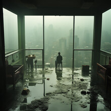 Person Looking At The City Through The Large Window Of A Skyscraper After An Earthquake Or Catastrophe