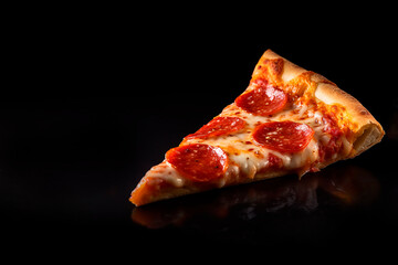 Wall Mural - A hot pizza slice on black background.