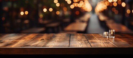 Table in front of blurry restaurant background ideal for showcasing products or creating montages