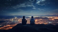 loving couple gazes at the nighttime cityscape from the hilltop