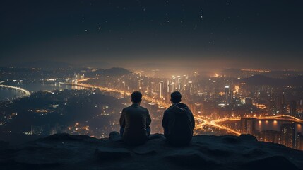 Wall Mural - the summit of the rocky hill, a couple deeply in love takes in the night city view.