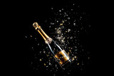 Fototapeta Panele - bottle of champagne with confetti on black background. Celebration and new year concept