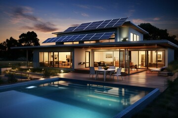Wall Mural - Contemporary home at night with pool and solar panels. Generative AI