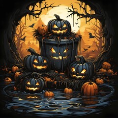 Wall Mural - halloween background with pumpkin and bats