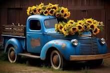 Retro Blue Truck Adorned With Sunflowers. Generative AI