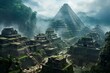 Pyramid-like ruins amidst dense wilderness surrounded by mountains. Generative AI