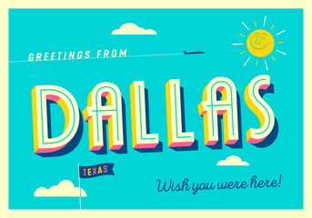 Wall Mural - Greetings from Dallas, Texas, USA - Wish you were here! - Touristic Postcard. Vector Illustration.