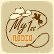 © GeraKTV - My first rodeo vector colors printable illustration. Cowboy with lasso on wild horse hand drawn American illustration with text.