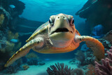 Fototapeta  - Big turtle underwater on a reef background, colored fish, front view