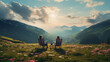 Happy couple sitting on lawn chairs in mountain looking at the mountain view in the morning. tourism concept. Vacation relax time in nature with sunlight.