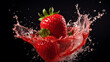 strawberry dropped into the water isolated on black background.