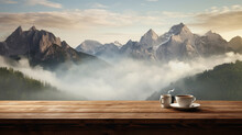 Coffee Cup On Empty Wooden Table With Mountain View In The Morning.
