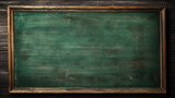Fototapeta  - Empty green chalkboard background with wooden frame. Dirty erased chalk texture on blank blackboard with copyspace and wood border. Restaurant menu or back to school education concept. Generative AI