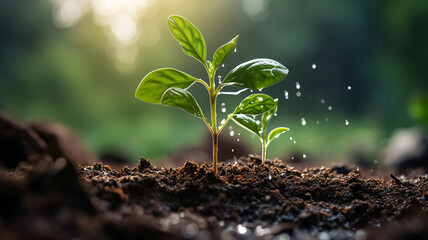 close up macro view water dripping on the small plant in fertile soil, environmental sustainability, nurturing growth, eco-awareness concept. Generative AI