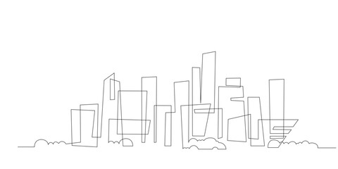 Wall Mural - City landscape continuous one line. Single line cityscape. Downtown landscape with skyscrapers. Architectural panorama. Hand drawn sketch with urban silhouettes, city, skyscraper, building. Vector