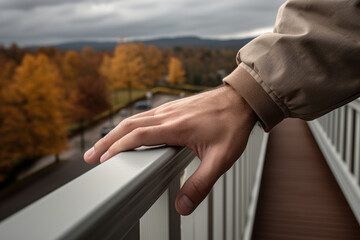 Aufkleber - a close-up photograph focuses on a person's hand holding onto a railing for stability, highlighting 