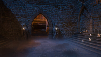 Aufkleber - Dark creepy gothic medieval castle doorway with stone statues outside. 3D rendering.
