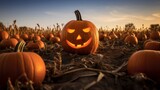 Fototapeta  - Halloween Jack-o'-lantern in a field with pumpkins, spooky and scary mood, Trick or treat, October, autumn