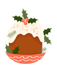 Wall Mural - Christmas cake with holly on white background. Vector illustration. Traditional holiday food.