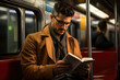 A commuter reads a book while riding the subway, encapsulating the routine of daily travel and the moments of quiet reflection it provides. Generative Ai.