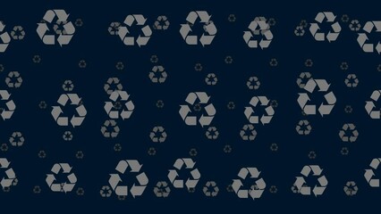 Poster - Recycling symbols float horizontally from left to right. Parallax fly effect. Floating symbols are located randomly. Seamless looped 4k animation on dark blue background
