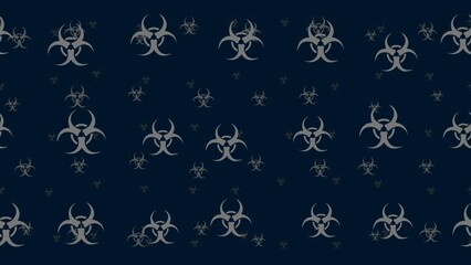 Poster - Biohazard symbols float horizontally from left to right. Parallax fly effect. Floating symbols are located randomly. Seamless looped 4k animation on dark blue background