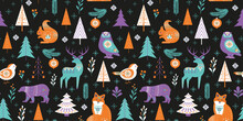 Christmas Retro Winter Pattern With Forest Animals Deer Bear Fox Bird Fir Trees And Plants On A Dark Background. Design For Invitations And Cards. Flat Doodle Style. Vector Illustration.