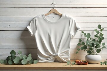 Wall Mural - A Closed-Up Shot of A Plain White T-Shirt Mock-Up