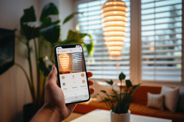 Poster - A close-up of a person's hand using a smartphone app to control smart blinds for natural light management. Generative Ai.