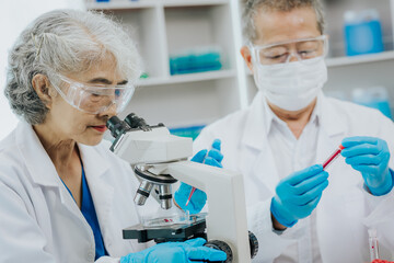 Wall Mural - Modern medical laboratory: two scientists work with micropipettes Analyze biochemical samples Advanced Medical Science Laboratory