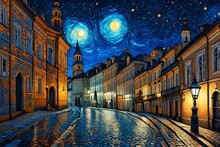 A Night Landscape Of Old Lviv With Lanterns And Light Sources - AI Generative