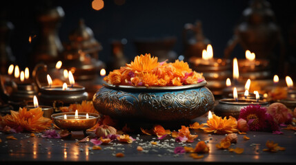 Traditional Burning oil lamps or diyas. diwali festival concept.