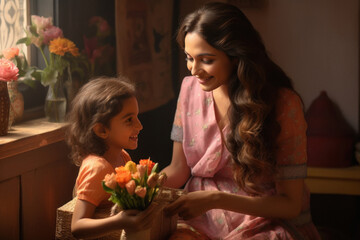 Poster - Indian woman with her little daughter and celebrating diwali festival.