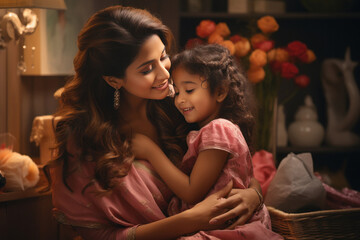 Wall Mural - Indian woman with her little daughter and celebrating diwali festival.