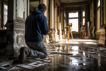 Poster - Preservationists documenting the architectural details of a decaying historic mansion. Generative Ai.