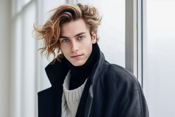 Wall Mural - Young man posing in winter clothing in front of a window.