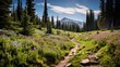 an artistic representation of a pine forest in the Rockies with a carpet of wildflowers