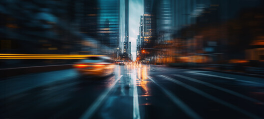 Wall Mural - dusk, lights in a modern city scene. defocused image of a near dark street. tall buildings, towers s
