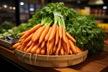 Bunch Of Carrots  On Wooden Counter With Fresh Vegetables In Farmers Market Or Supermarket, Close Up